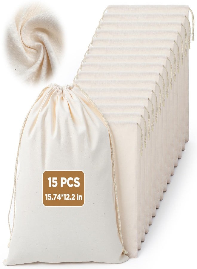AojSup 15 Pack Premium Cotton Drawstring Bags, Muslin Bags with Drawstring for Storage, 15.74 x 12.2 Inch 100% Cotton Storage Bag for Handbags Purses Shoes - Image 1